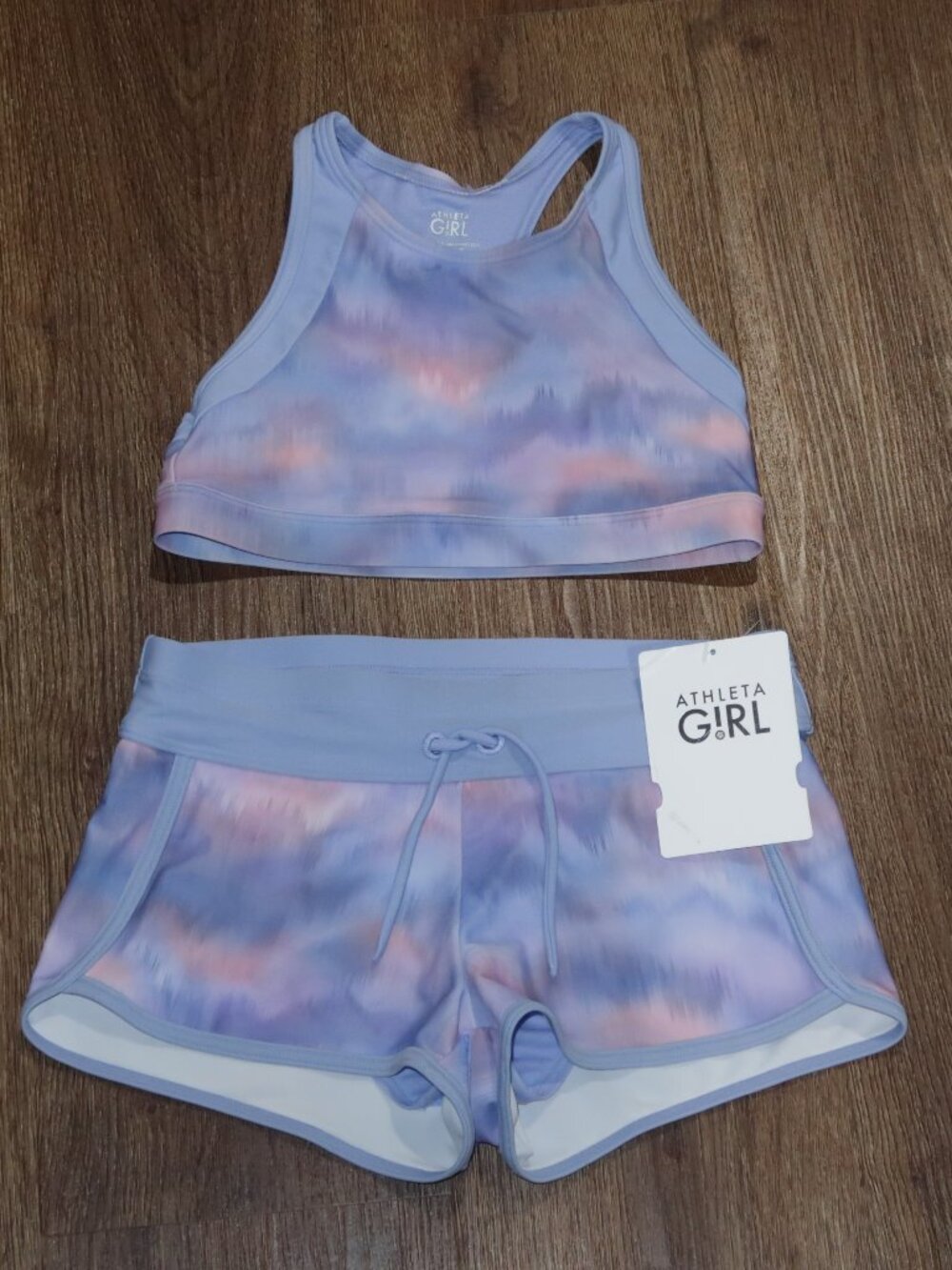 Athleta Girl Lavender Multi 2pc Sporty Swimsuit Bra Top & NWT Shorts size M 8/10